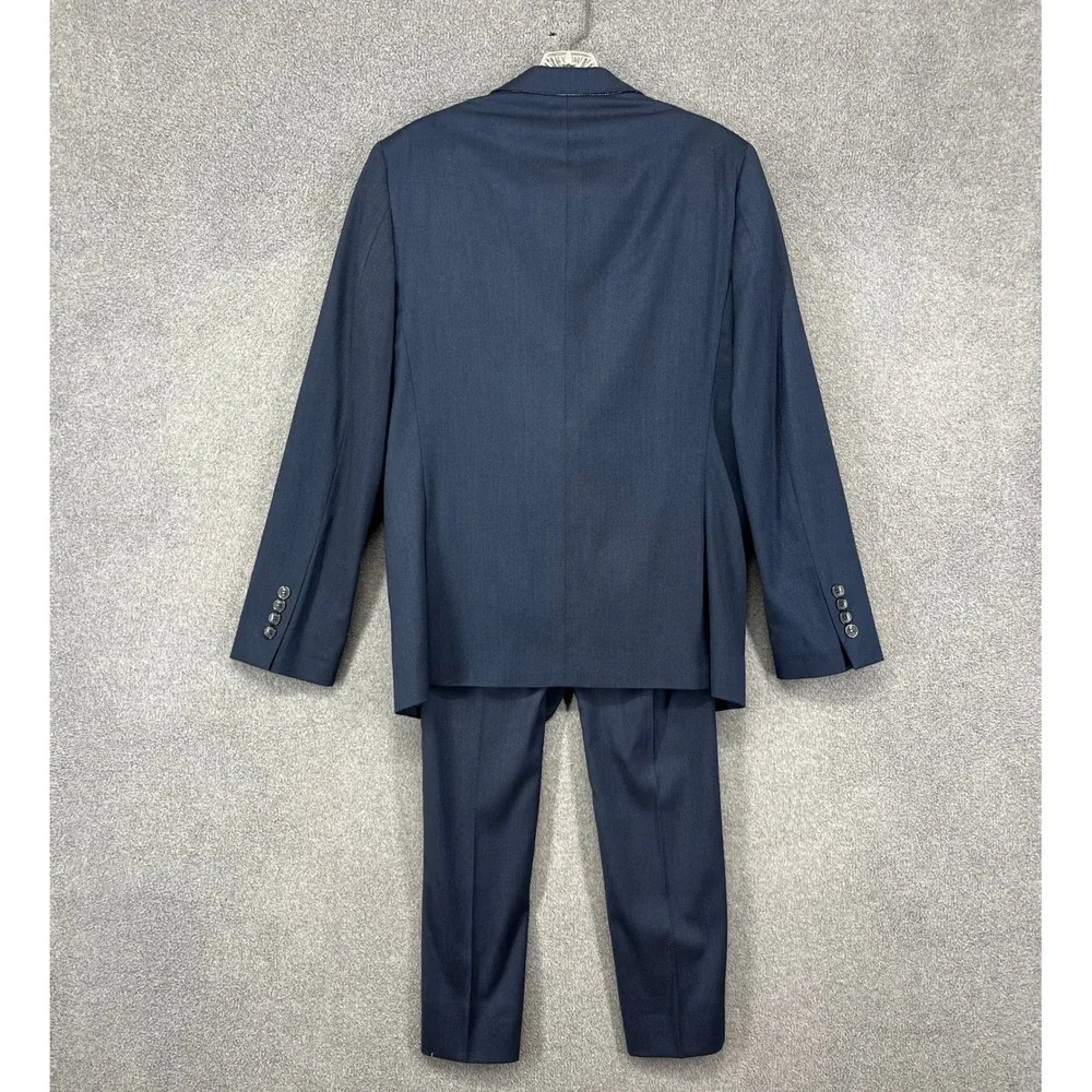 TO Collection Mens Navy Blue Herringbone Suit Blazer Pants‎ Set Size 18